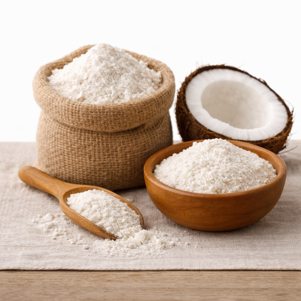 ingredients list, cocconut Fresh coconut half and coconut flour in a wooden bowl on a neutral table, natural ingredient used in Recovery Foods high-protein baking mix.