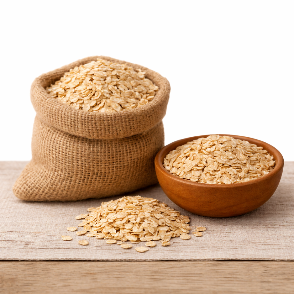 ingredients list, oats Rolled oats in a wooden bowl and burlap sack on a light table, whole grain ingredient used in Recovery Foods muscle recovery mix.